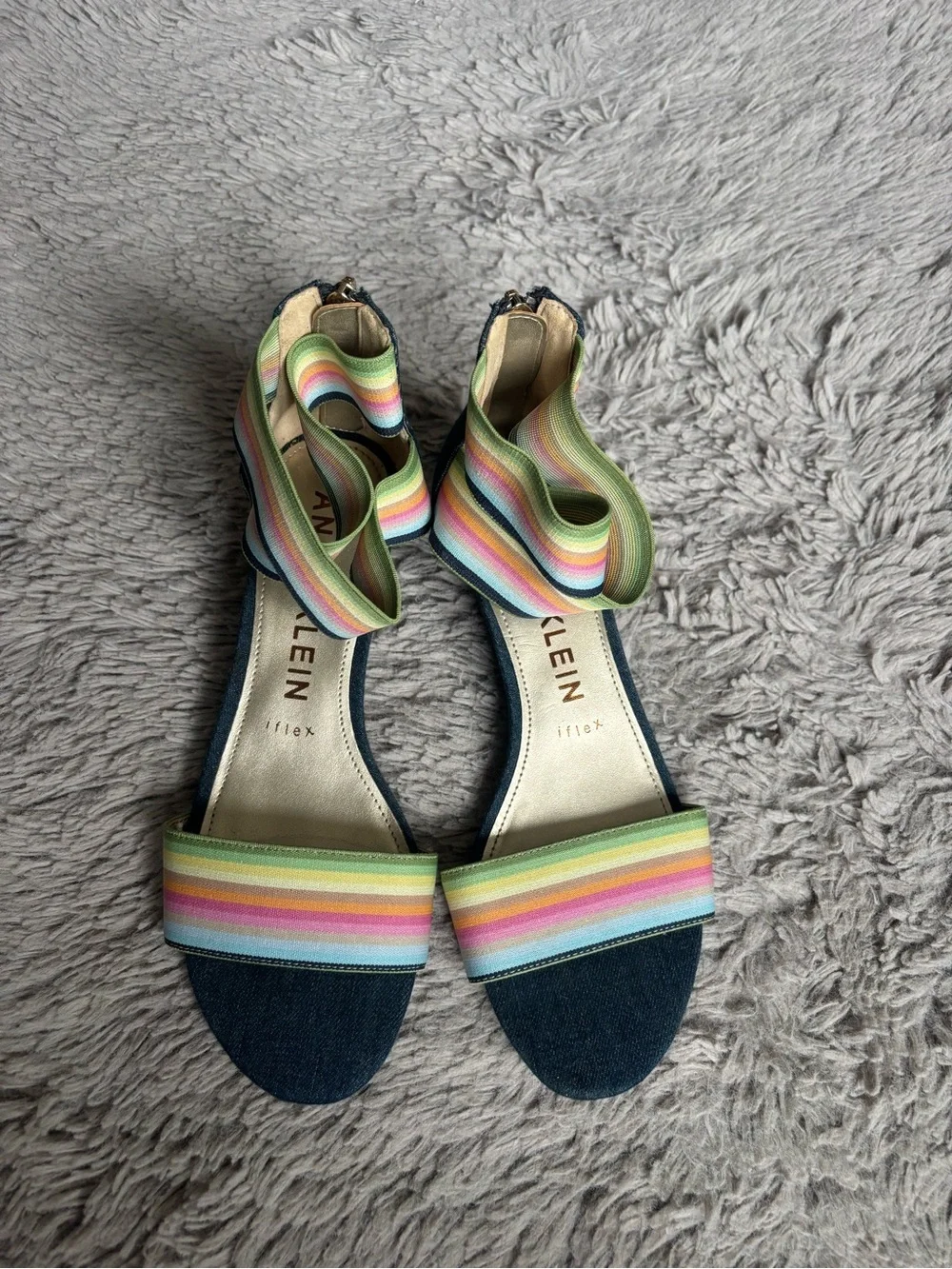 Anne Klein Denim Wedge bright rainbow strap Iflex Akvedette sandal Size 8